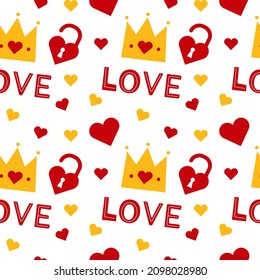 Hearts, crown, lock in the form of heart, inscription love. Valentine's day. Seamless patterns. Can be used for wallpaper, fill web page background, surface textures