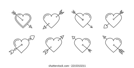 Hearts with cupid arrows - icons set, vector eps10 illustration