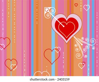 Hearts and cupid's arrow fill this colorful Valentine's Day background.
