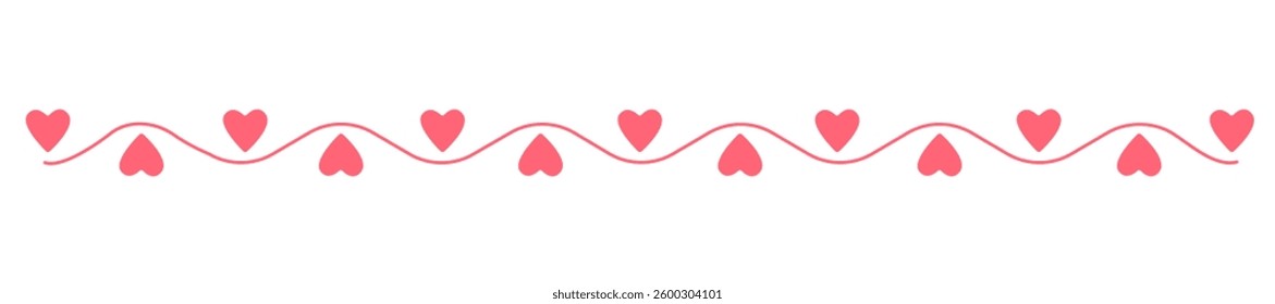 Hearts and curly line doodle style hand drawn divider, simple lineart vector illustration, decorative romantic horizontal border, design element for book, card, invitation