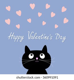 Hearts and cute cartoon cat. Flat design style. Happy Valentines day card. Rose quartz serenity color background. Vector illustration