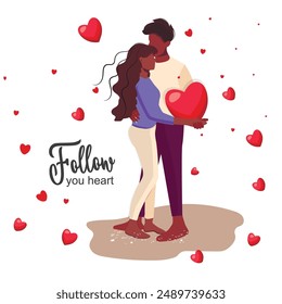 Corazones. Linda pareja de piel oscura en el amor abrazando. Feliz San Valentín chica y chico en una relación romántica. Los socios en el abrazo del amor.  Seguir - su inscripción del corazón. Ilustración vectorial plana 