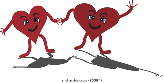Hearts dancing and holding hands.