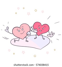 Hearts dancing. Two smiling character dancing holding hands. Flat drawing on a white background