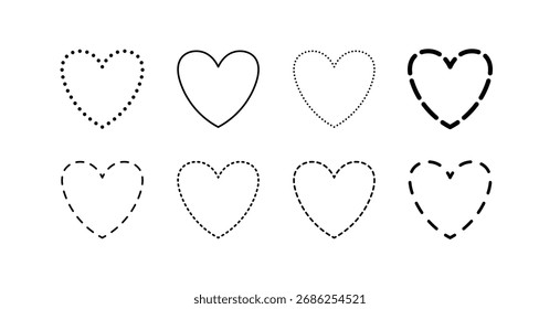 Hearts Dashed Line Style Set. Set of hand drawn dashed hearts on white background. Set of hand drawn black dashed hearts on white background Love concept for Valentine's Day, vector illustration.