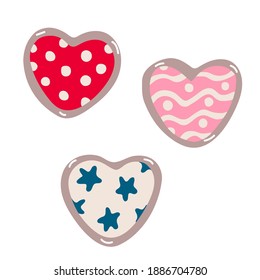 Hearts decorated with patterns. Valentine's day decoration. Vector illustration for posters and greeting cards design isolated on white. Hand drawn flat style.