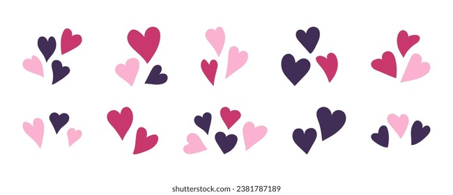 Hearts decorative elements set. Love vector isolated illustrations for Wedding or Anniversary, for Valentine's Day. Symbol, sign of love and friendship. Pink Purple cute hearts collection.