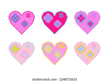 Corazones con flores decorativas y textura pixelada aislados en fondo blanco. Estilo de arte de píxeles corazones rosados para el día de San Valentín, tarjeta de boda, icono de juego, diseño web y otros.  Ilustración vectorial.