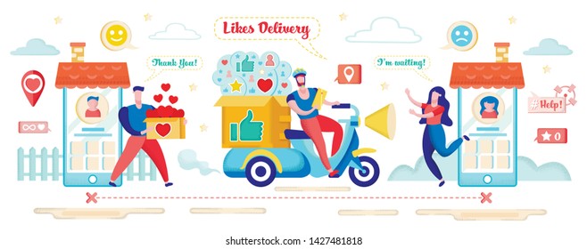 Hearts Delivery Concept. Social Media Marketing Banner Vector Illustration. People Working to Increase Popularity Giving Box with Hearts‎. Driver on Motocycle Delivering Icons to Woman Character.