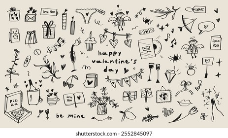 Corações e elementos de design para o Dia dos Namorados. Grande conjunto de clip-art com elementos de amor. Conjunto de ícones de doodle infantil desenhado à mão com vetor. Traço preto em fundo branco.