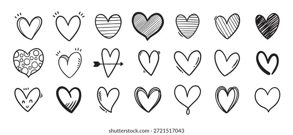 Corazones y Elementos de diseño para el día de San Valentín, garabato dibujado a mano, dibujo de la mano del garabato del corazón, Ilustración vectorial.