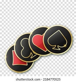 Hearts, diamonds, clubs and spades chips sign icon. Vector illustration chips on transparent background. Glossy playing card suit symbol with gold border.
