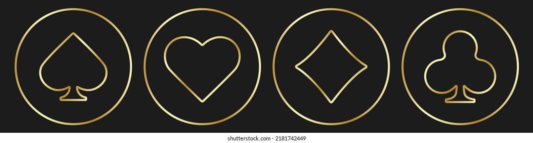 Hearts diamonds clubs spades golden sign chips. Glossy playing card suit outline gold symbols. Vector illustration card sign on black background.