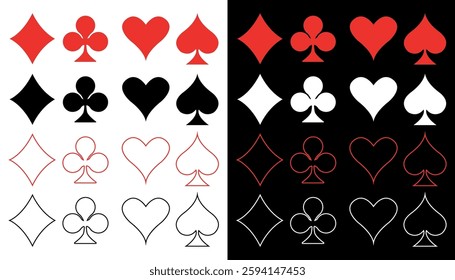 Hearts, Diamonds, Clubs, and Spades icons in Unique Designs. Stylized Playing Card Suit Symbols. Vector illustration isolated on white and black background.