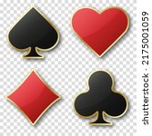 Hearts diamonds clubs spades sign. Glossy playing card suit symbol with gold border. Vector illustration chip with shadows on transparent background.