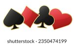 Hearts diamonds clubs spades sign realistic chips. Glossy playing card suit symbols with gold border. Vector illustration card sign on white background.