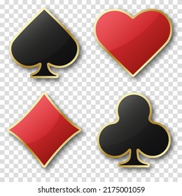 Hearts Diamonds Clubs Spades Sign. Glossy Playing Card Suit Symbol With Gold Border. Vector Illustration Chip With Shadows On Transparent Background.