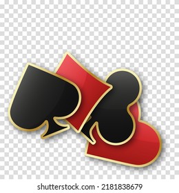 Hearts diamonds clubs spades sign realistic chips. Glossy playing card suit symbols with gold border. Vector illustration card sign on transparent background.