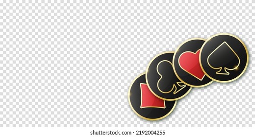 Hearts diamonds clubs spades sign realistic chips. Glossy playing card suit symbols with gold border. Vector illustration card sign on transparent background.