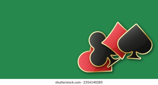 Hearts diamonds clubs spades sign realistic chips. Glossy playing card suit symbols with gold border. Vector illustration card sign on green background.