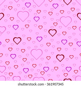 Hearts of different colors and sizes on a pink background.