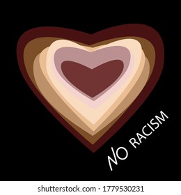 Hearts of different colors, sizes and shapes are superimposed on a black background. The idea of ​​uniting people of different races and peoples of different religions. NO RACISM lettering. Postcard 