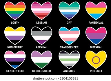 Corazones con las diferentes banderas de la comunidad LGBT + para el mes del orgullo gay