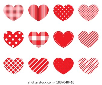 Hearts with different patterns. Red hearts. Love concept. Valentine icons. Valentines day. Vector illustration