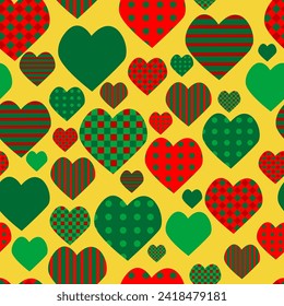 Hearts with different prints in the colors of Christmas wrapping paper