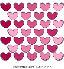 Hearts of different shades of red, horizontal rows, alternating, vector illustration, good for Valentine's Day, intenet page, or as background