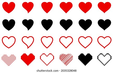 Corazones de diferentes formas. Gran conjunto de diferentes corazones rojos aislados. Elementos vectores para su diseño.