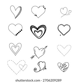Hearts of different shapes, black and white sketch, simple drawing. vector illustration. A set of hearts is isolated on a white background. Wedding theme, birthday, Valentine's day, fabric design