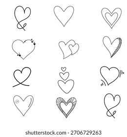 Corações de formas diferentes, esboço preto e branco, desenho simples. ilustração vetorial. Um conjunto de corações é isolado em um fundo branco. Tema de casamento, aniversário, Dia dos Namorados, design de tecido