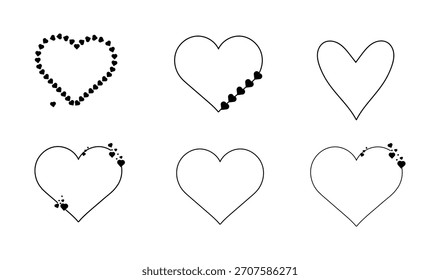 Hearts of different shapes, black and white sketch, simple drawing. vector illustration. A set of hearts is isolated on a white background. Wedding theme, birthday, Valentine's day, fabric design