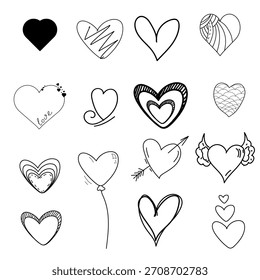 Hearts of different shapes, black and white sketch, simple drawing. vector illustration. A set of hearts is isolated on a white background. Wedding theme, birthday, Valentine's day, fabric design