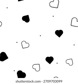 Herzen in verschiedenen Formen, schwarz-weiße Skizze, einfache Zeichnung. Vektorgrafik. Nahtloses Muster wird auf weißem Hintergrund isoliert. Hochzeitsthema, Geburtstag, Valentinstag, Stoffdruck