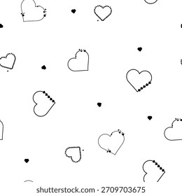 Corações de formas diferentes, esboço preto e branco, desenho simples. ilustração vetorial. O padrão contínuo é isolado em um fundo branco. Tema de casamento, aniversário, Dia dos Namorados, Impressão de tecido