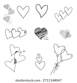 Corazones de diferentes Formas, croquis en blanco y negro, dibujo sencillo. Ilustración vectorial. Un conjunto de corazones está aislado sobre un fondo blanco. Tema de la Boda, cumpleaños, día de San Valentín, diseño de tela