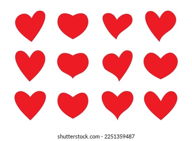 Hearts of different shapes. Set of different isolated red hearts. Vector elements for your design.