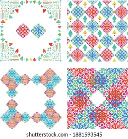 Hearts and different vector shapes. pattern, frame and brush set