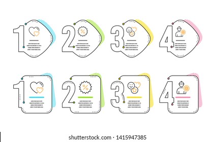 Hearts, Discount and Smile icons simple set. Engineer sign. Romantic relationships, Special offer, Social media likes. Worker with cogwheel. Infographic timeline. Line hearts icon. 4 options or steps