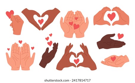 Hearts in diverse human hands. Valentine's day set. Love, care, tenderness, sympathy, charity concept. Romantic mood stickers. Vector flat elements.