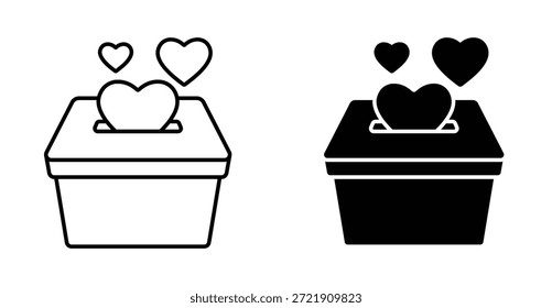 Corazones con el icono de la caja de donar. Corazones con el símbolo del Vector de la caja de donar en estilo relleno y delineado negro.