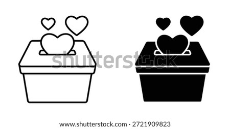 Hearts With Donate Box Icon Set. Hearts with donate box vector symbol in black filled and outlined style.
