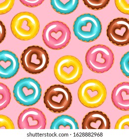 hearts donuts on pink background. seamless pattern. Texture for fabric, wrapping, wallpaper. Decorative print.