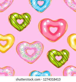 Hearts donuts. St. Valentine day. Seamless pattern. Love. Food. Perfect for greetings, invitations, manufacture wrapping paper, textile and web design. Vector pattern. Seamless vector pattern.