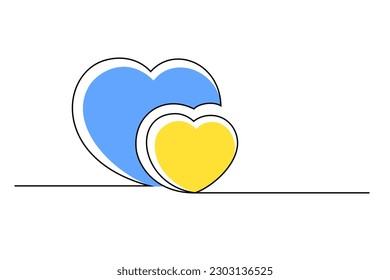 Hearts doodle flag Ukrainian. Continuous line drawing hearts isolated on white background. Support Ukraine concept. Vector illustration