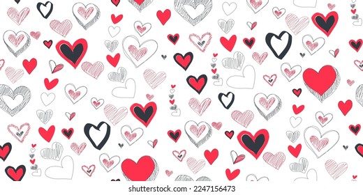 Línea de garabatos del corazón. Patrón vectorial de moda sin fisuras con corazones voladores. Ilustración minimalista pintada a mano para papel de envoltura de día de San Valentín, fondo de tarjeta de invitación con colores rojo blanco negro