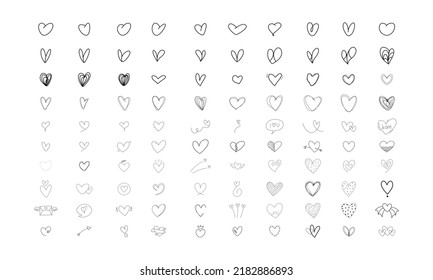 Hearts doodle on a white background. Vector hand drawn outline symbols for love, wedding, Valentine's day or other romantic design. Set of 100 various decorative shapes. Black doodle illustrations.