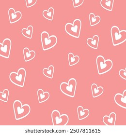 Hearts Doodle Pattern on Pink Background. Hand Drawn Flat Vector Love, Romantic Wallpaper Line and Solid Design Symbols. Valentine's Day Card.